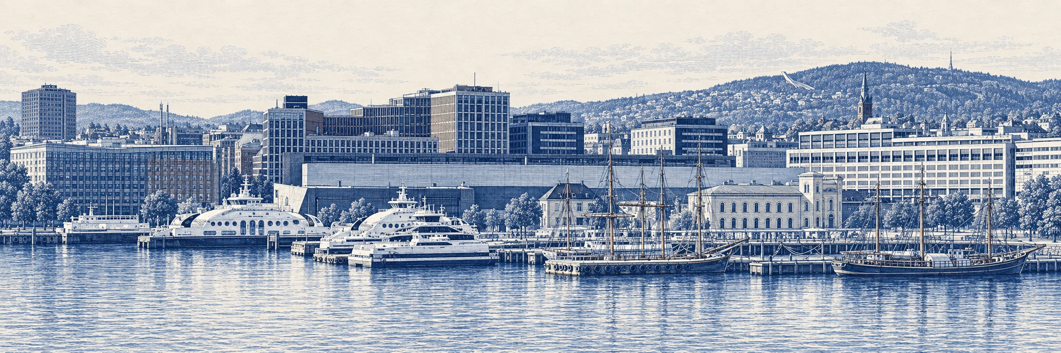 Illustrert havnefront ved Rådhusbryggene
